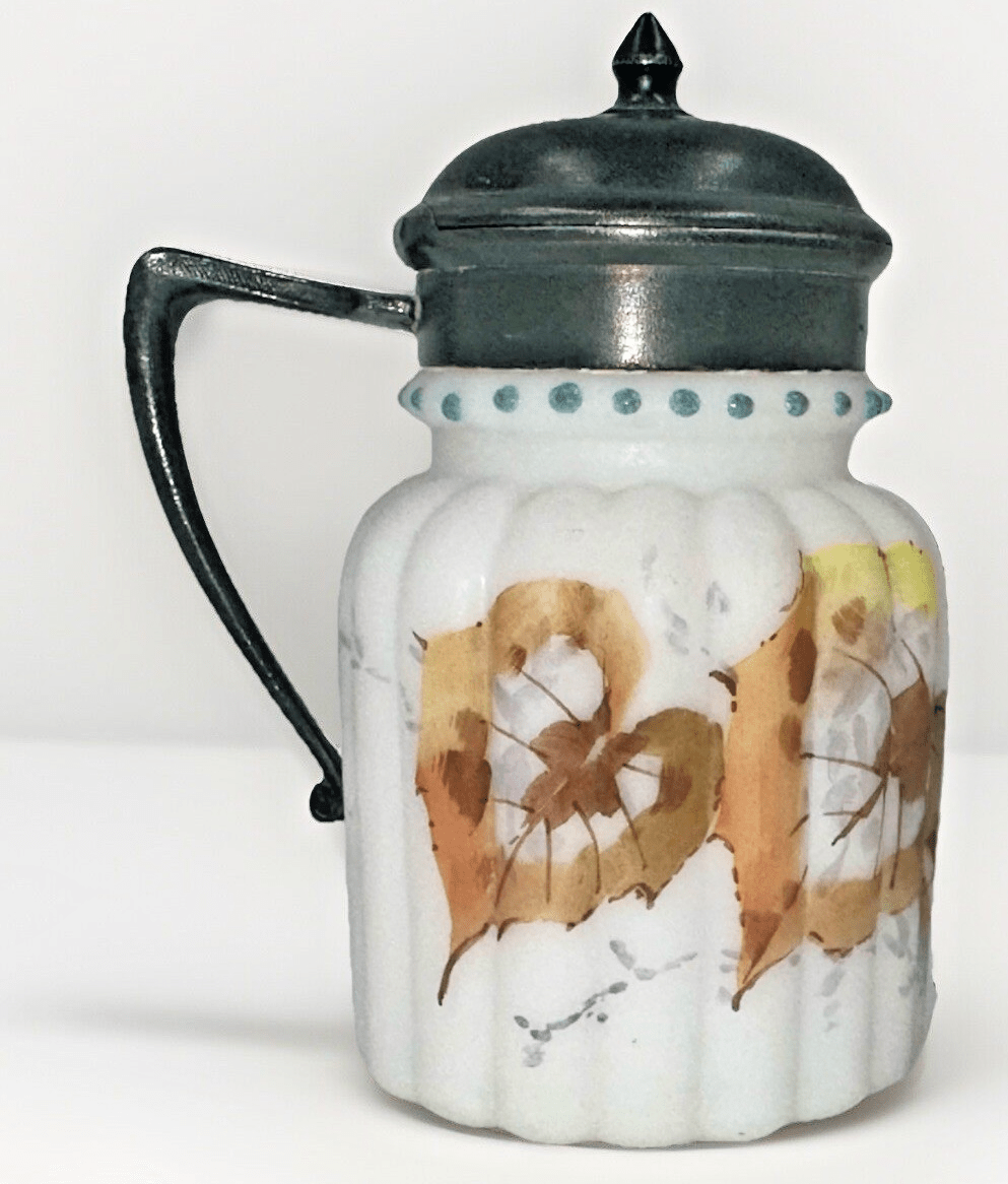 Mt. Washington Satin Glass Mustard Pots Autumn Leaves with Calla Lily Spoon - AntiquesEtceteraMt. Washington Satin Glass Mustard Pots Autumn Leaves with Calla Lily SpoonAntiquesEtceteraAntiquesEtcetera