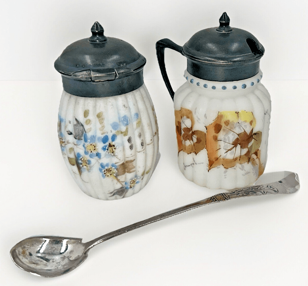Mt. Washington Satin Glass Mustard Pots Autumn Leaves with Calla Lily Spoon - AntiquesEtceteraMt. Washington Satin Glass Mustard Pots Autumn Leaves with Calla Lily SpoonAntiquesEtceteraAntiquesEtcetera