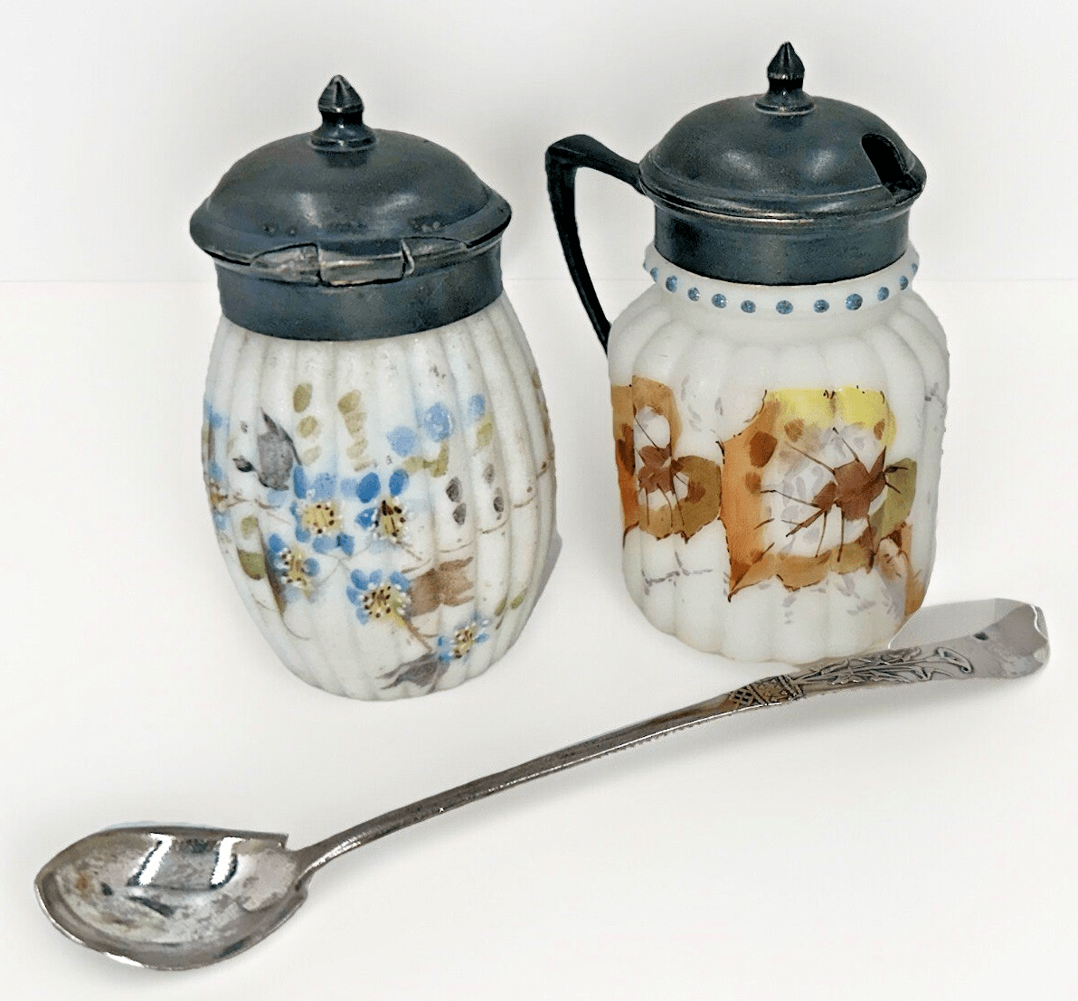 Mt. Washington Satin Glass Mustard Pots Autumn Leaves with Calla Lily Spoon - AntiquesEtceteraMt. Washington Satin Glass Mustard Pots Autumn Leaves with Calla Lily SpoonAntiquesEtceteraAntiquesEtcetera
