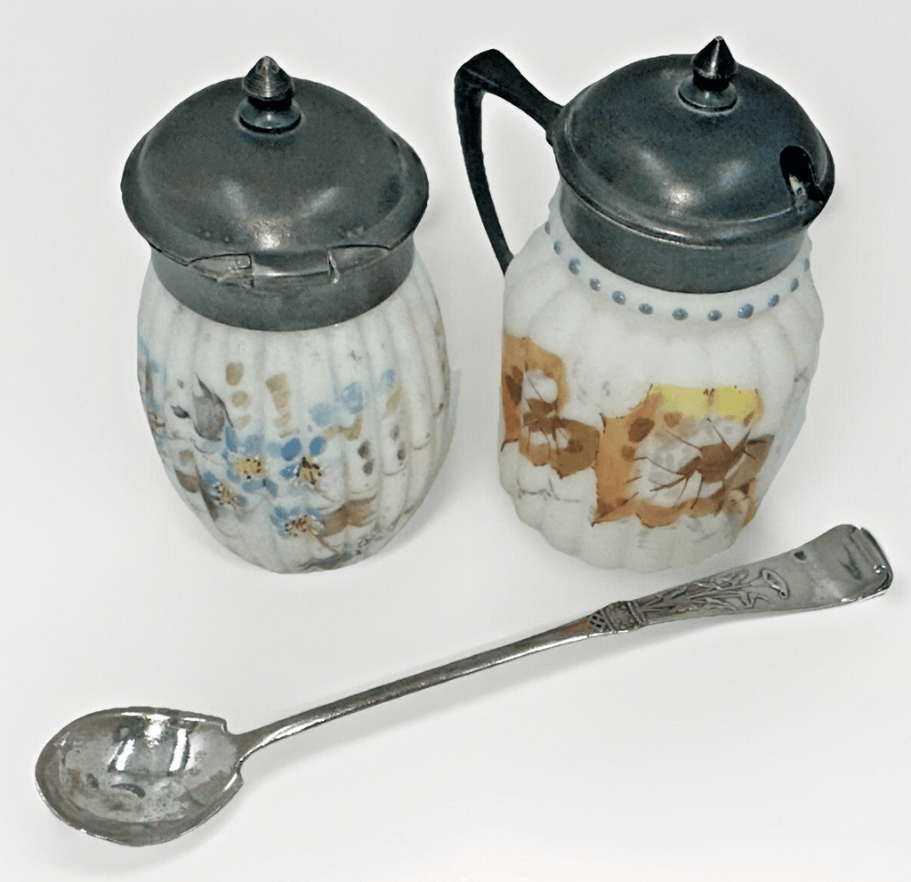 Mt. Washington Satin Glass Mustard Pots Autumn Leaves with Calla Lily Spoon - AntiquesEtceteraMt. Washington Satin Glass Mustard Pots Autumn Leaves with Calla Lily SpoonAntiquesEtceteraAntiquesEtcetera