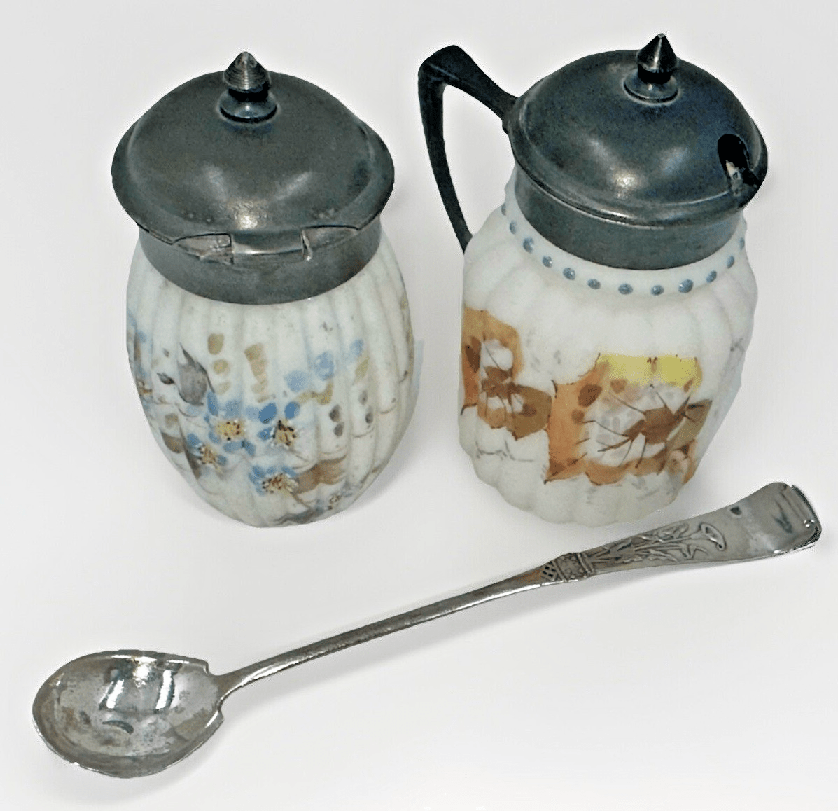 Mt. Washington Satin Glass Mustard Pots Autumn Leaves with Calla Lily Spoon - AntiquesEtceteraMt. Washington Satin Glass Mustard Pots Autumn Leaves with Calla Lily SpoonAntiquesEtceteraAntiquesEtcetera