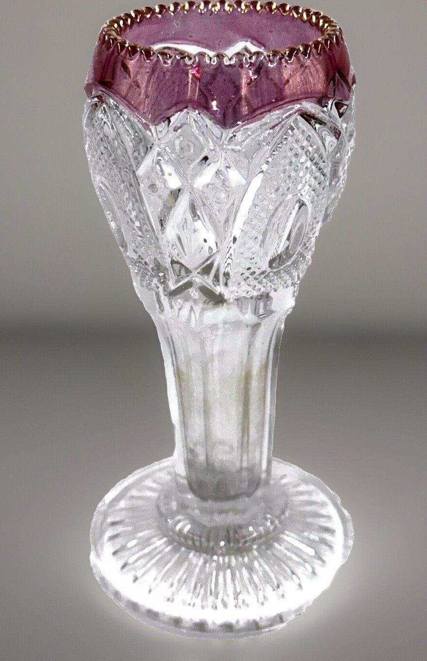 NEW HAMPSHIRE Blush Stained 6 1/4" Vase EAPG Glass Gold Trimmed Antique - AntiquesEtceteraNEW HAMPSHIRE Blush Stained 6 1/4" Vase EAPG Glass Gold Trimmed AntiqueAntiquesEtceteraAntiquesEtcetera