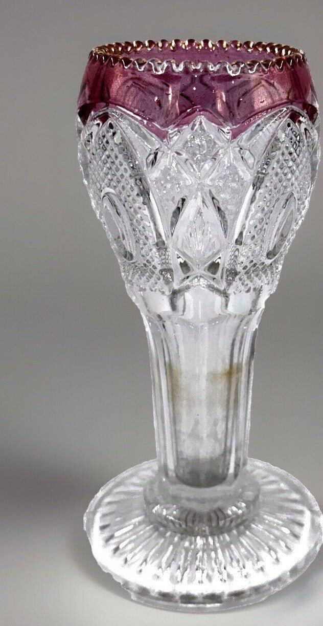 NEW HAMPSHIRE Blush Stained 6 1/4" Vase EAPG Glass Gold Trimmed Antique - AntiquesEtceteraNEW HAMPSHIRE Blush Stained 6 1/4" Vase EAPG Glass Gold Trimmed AntiqueAntiquesEtceteraAntiquesEtcetera