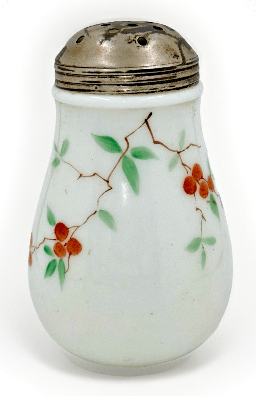 New Martinsville Sugar Shaker Cherry Blossom Branch Motif Opal Glass with Lid - AntiquesEtceteraNew Martinsville Sugar Shaker Cherry Blossom Branch Motif Opal Glass with LidNew MartinsvilleAntiquesEtcetera