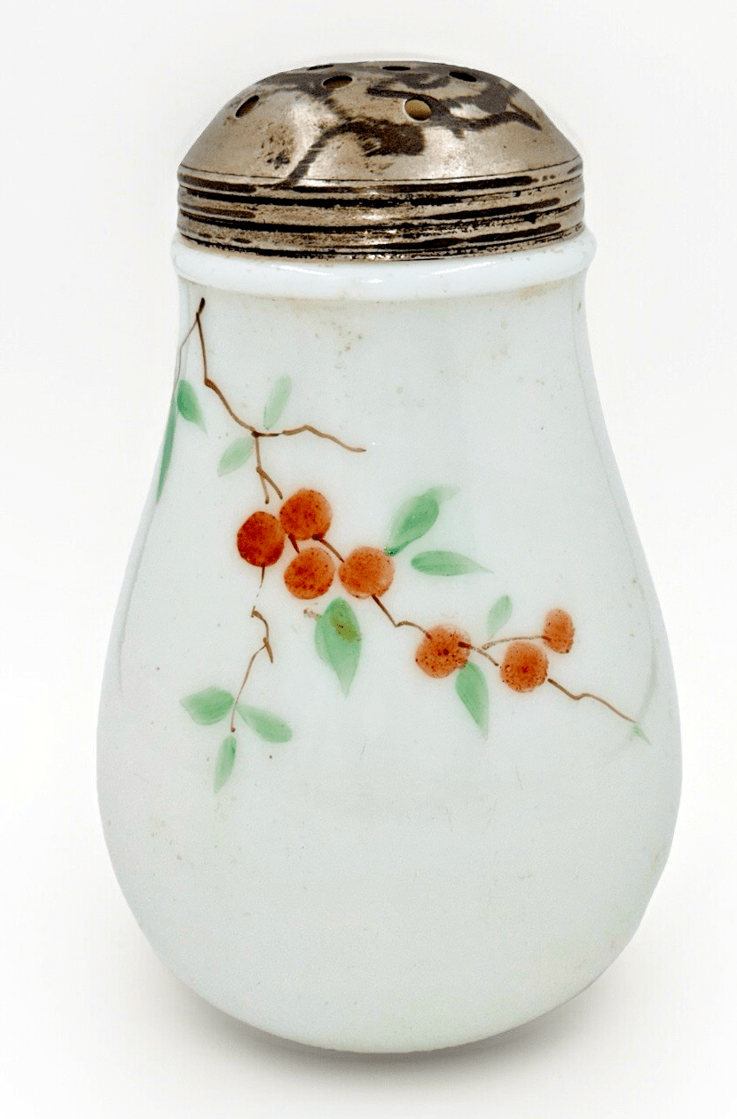 New Martinsville Sugar Shaker Cherry Blossom Branch Motif Opal Glass with Lid - AntiquesEtceteraNew Martinsville Sugar Shaker Cherry Blossom Branch Motif Opal Glass with LidNew MartinsvilleAntiquesEtcetera