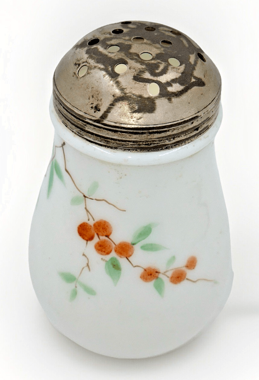 New Martinsville Sugar Shaker Cherry Blossom Branch Motif Opal Glass with Lid - AntiquesEtceteraNew Martinsville Sugar Shaker Cherry Blossom Branch Motif Opal Glass with LidNew MartinsvilleAntiquesEtcetera