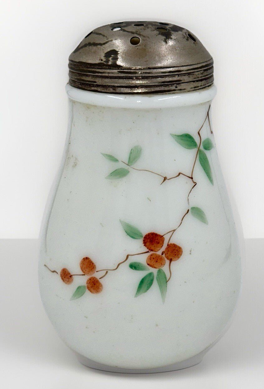 New Martinsville Sugar Shaker Cherry Blossom Branch Motif Opal Glass with Lid - AntiquesEtceteraNew Martinsville Sugar Shaker Cherry Blossom Branch Motif Opal Glass with LidNew MartinsvilleAntiquesEtcetera