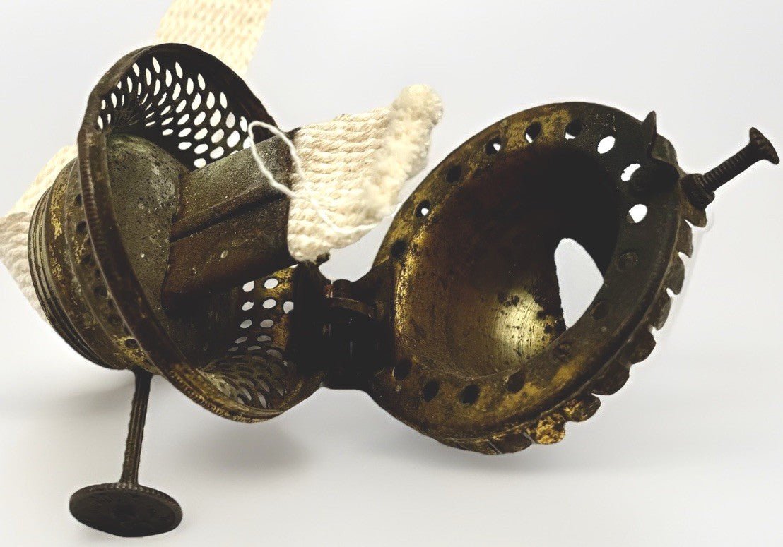 No 2 Miller Flip Top Kerosene Oil Lamp Burner Brass w/ Flanged Lip Glass Chimney - AntiquesEtceteraNo 2 Miller Flip Top Kerosene Oil Lamp Burner Brass w/ Flanged Lip Glass ChimneyE. Miller & Co.AntiquesEtcetera