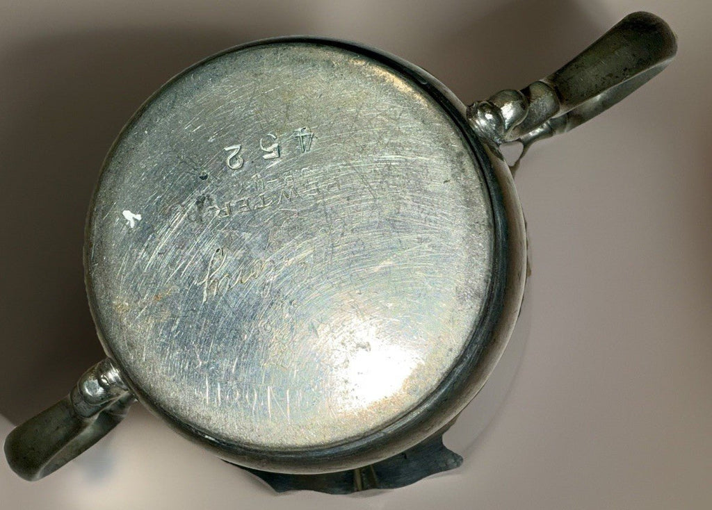 Old Colony Pewter JB NY Double Handled Open Sugar Bowl Victorian Arms Petal Top - AntiquesEtceteraOld Colony Pewter JB NY Double Handled Open Sugar Bowl Victorian Arms Petal TopOld Colony PewterAntiquesEtcetera