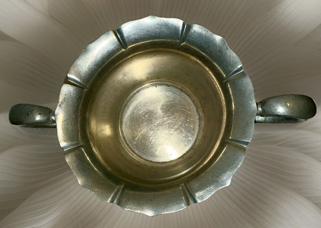 Old Colony Pewter JB NY Double Handled Open Sugar Bowl Victorian Arms Petal Top - AntiquesEtceteraOld Colony Pewter JB NY Double Handled Open Sugar Bowl Victorian Arms Petal TopOld Colony PewterAntiquesEtcetera