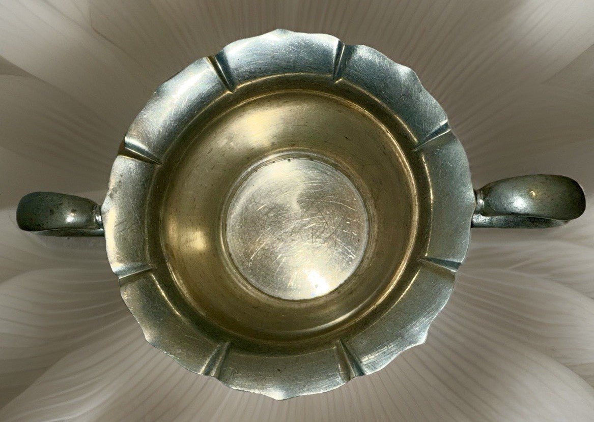 Old Colony Pewter JB NY Double Handled Open Sugar Bowl Victorian Arms Petal Top - AntiquesEtceteraOld Colony Pewter JB NY Double Handled Open Sugar Bowl Victorian Arms Petal TopOld Colony PewterAntiquesEtcetera