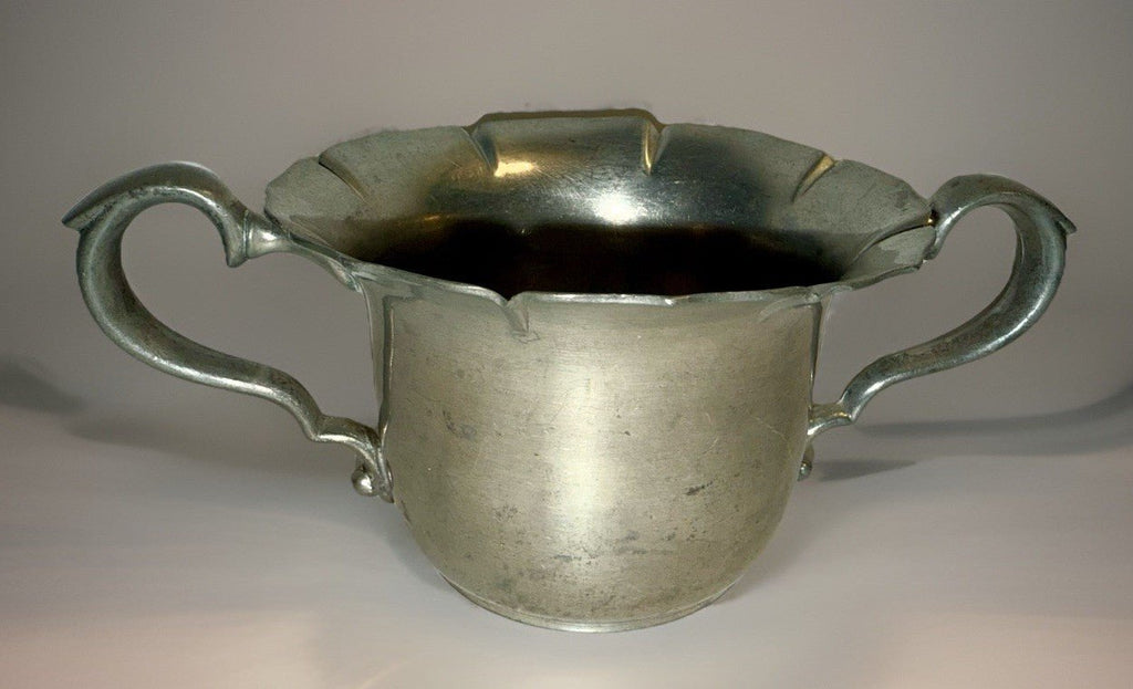 Old Colony Pewter JB NY Double Handled Open Sugar Bowl Victorian Arms Petal Top - AntiquesEtceteraOld Colony Pewter JB NY Double Handled Open Sugar Bowl Victorian Arms Petal TopOld Colony PewterAntiquesEtcetera