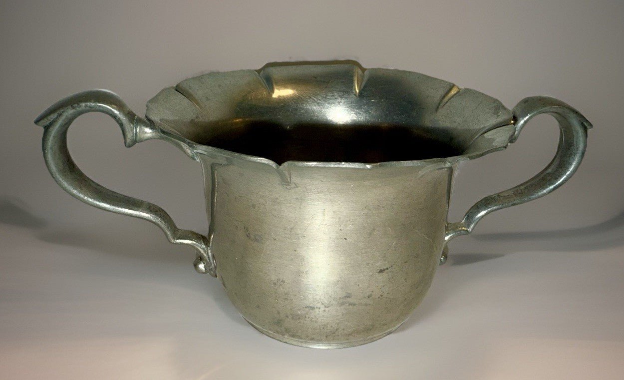 Old Colony Pewter JB NY Double Handled Open Sugar Bowl Victorian Arms Petal Top - AntiquesEtceteraOld Colony Pewter JB NY Double Handled Open Sugar Bowl Victorian Arms Petal TopOld Colony PewterAntiquesEtcetera