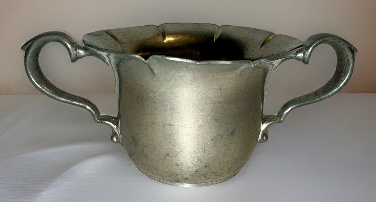Old Colony Pewter JB NY Double Handled Open Sugar Bowl Victorian Arms Petal Top - AntiquesEtceteraOld Colony Pewter JB NY Double Handled Open Sugar Bowl Victorian Arms Petal TopOld Colony PewterAntiquesEtcetera