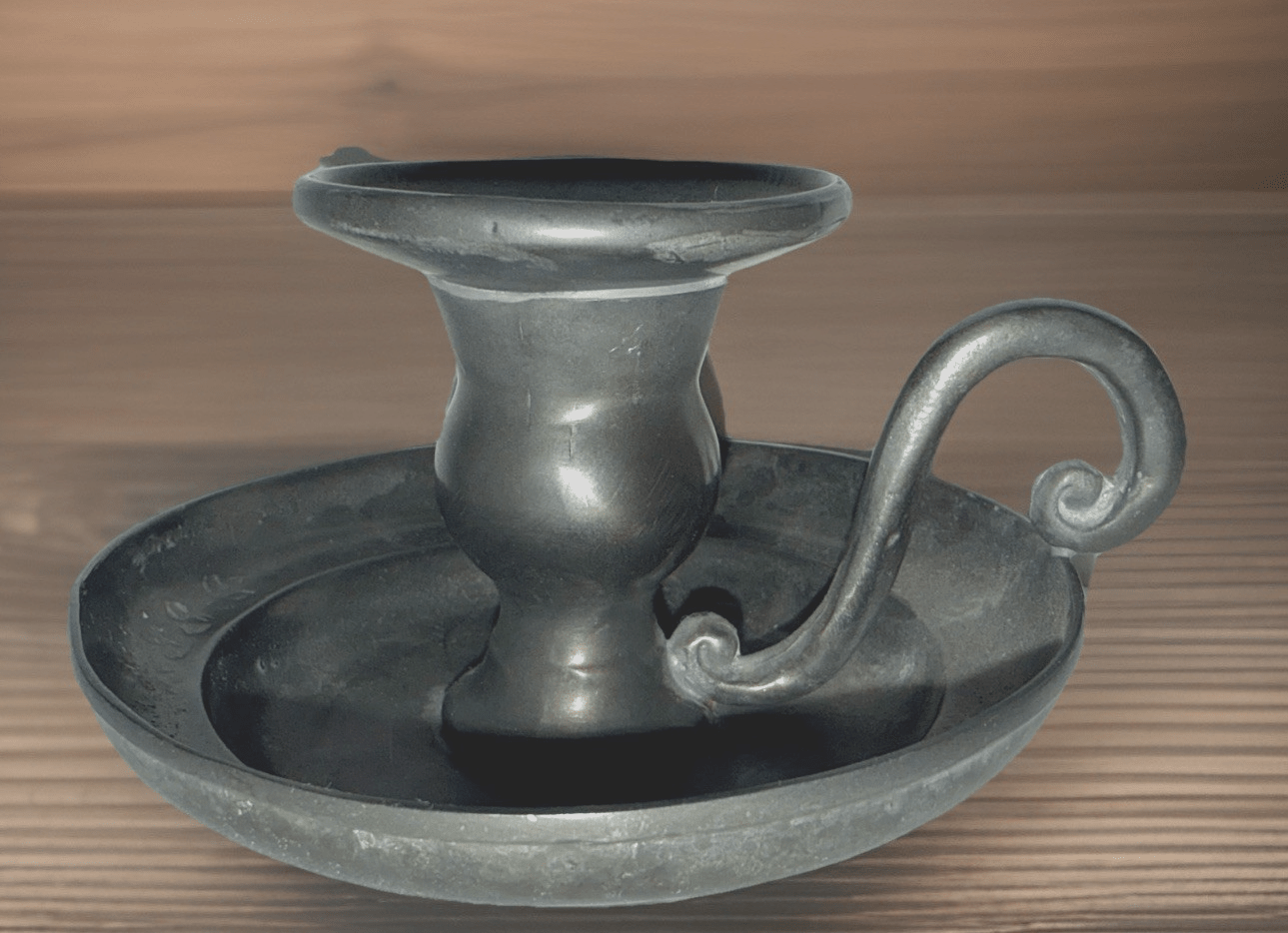 Old World Pewter Chamberstick Museum Finish w/ Handle & Drip Tray Engraved - AntiquesEtceteraOld World Pewter Chamberstick Museum Finish w/ Handle & Drip Tray EngravedOld World PewterAntiquesEtcetera