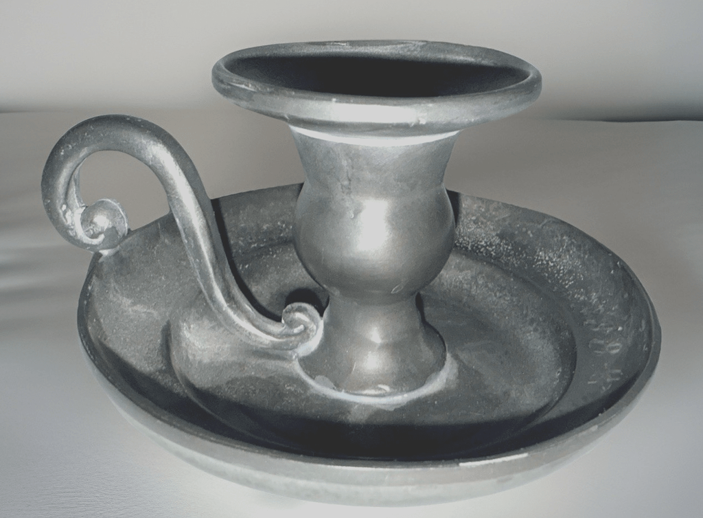 Old World Pewter Chamberstick Museum Finish w/ Handle & Drip Tray Engraved - AntiquesEtceteraOld World Pewter Chamberstick Museum Finish w/ Handle & Drip Tray EngravedOld World PewterAntiquesEtcetera