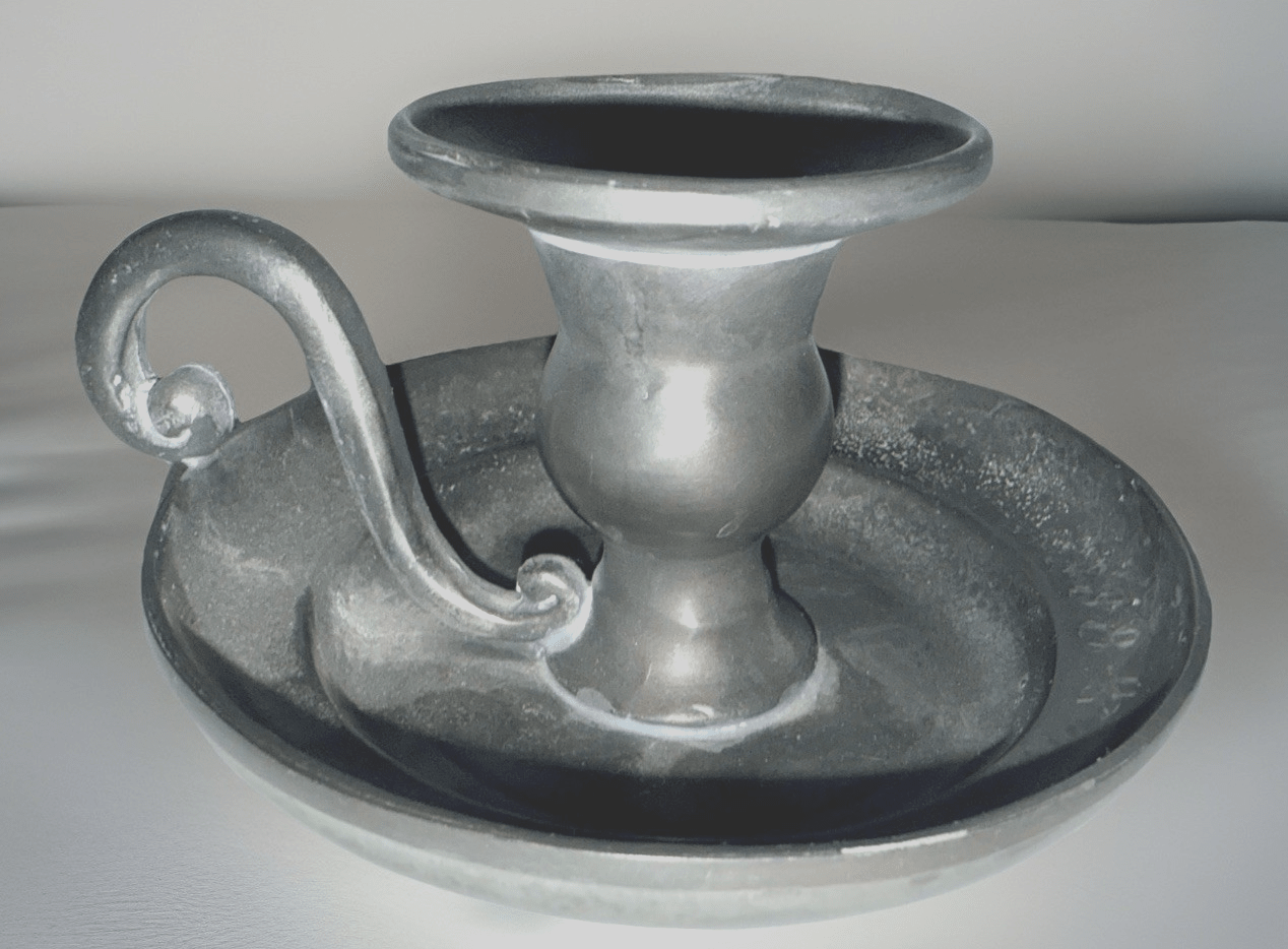 Old World Pewter Chamberstick Museum Finish w/ Handle & Drip Tray Engraved - AntiquesEtceteraOld World Pewter Chamberstick Museum Finish w/ Handle & Drip Tray EngravedOld World PewterAntiquesEtcetera