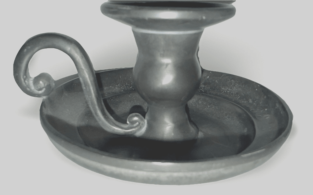 Old World Pewter Chamberstick Museum Finish w/ Handle & Drip Tray Engraved - AntiquesEtceteraOld World Pewter Chamberstick Museum Finish w/ Handle & Drip Tray EngravedOld World PewterAntiquesEtcetera