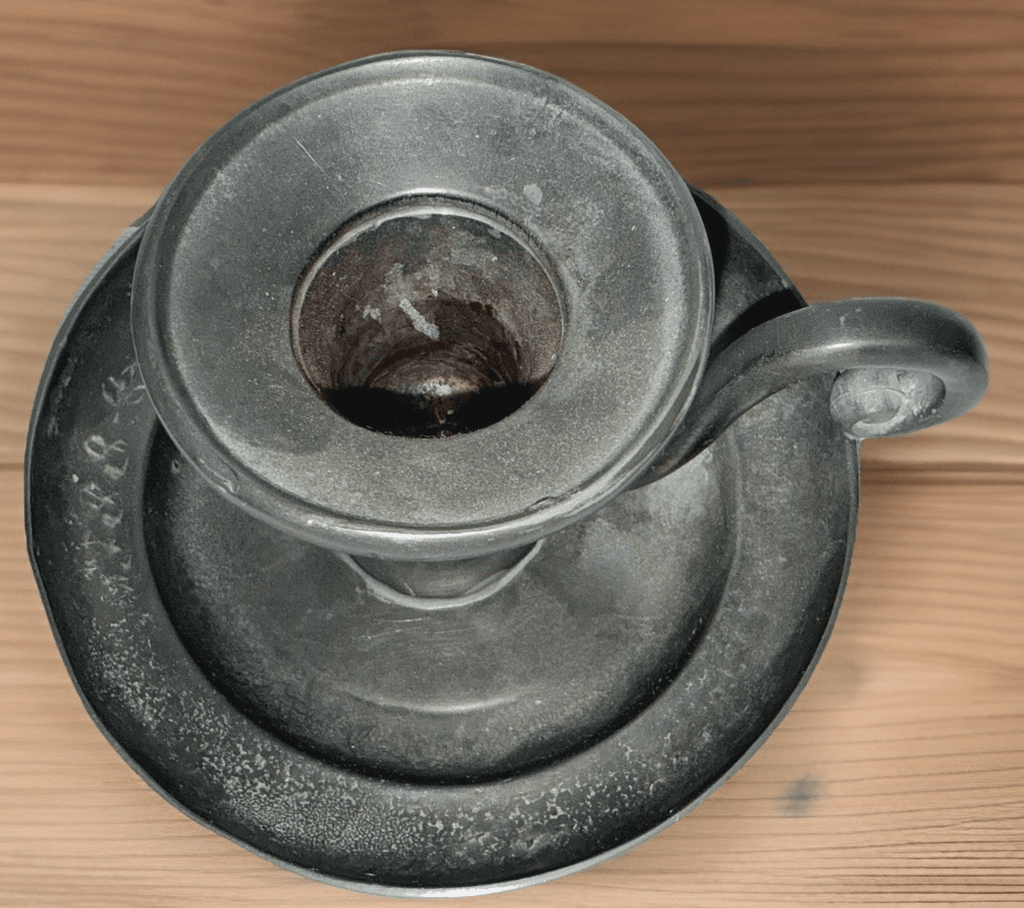 Old World Pewter Chamberstick Museum Finish w/ Handle & Drip Tray Engraved - AntiquesEtceteraOld World Pewter Chamberstick Museum Finish w/ Handle & Drip Tray EngravedOld World PewterAntiquesEtcetera