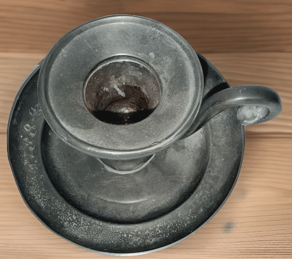 Old World Pewter Chamberstick Museum Finish w/ Handle & Drip Tray Engraved - AntiquesEtceteraOld World Pewter Chamberstick Museum Finish w/ Handle & Drip Tray EngravedOld World PewterAntiquesEtcetera