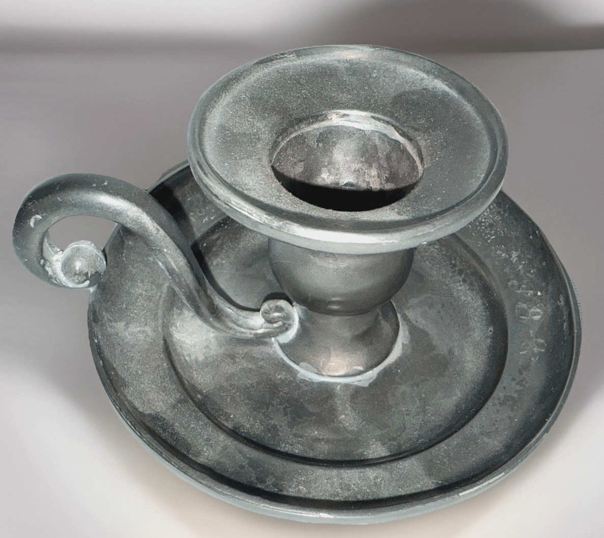 Old World Pewter Chamberstick Museum Finish w/ Handle & Drip Tray Engraved - AntiquesEtceteraOld World Pewter Chamberstick Museum Finish w/ Handle & Drip Tray EngravedOld World PewterAntiquesEtcetera