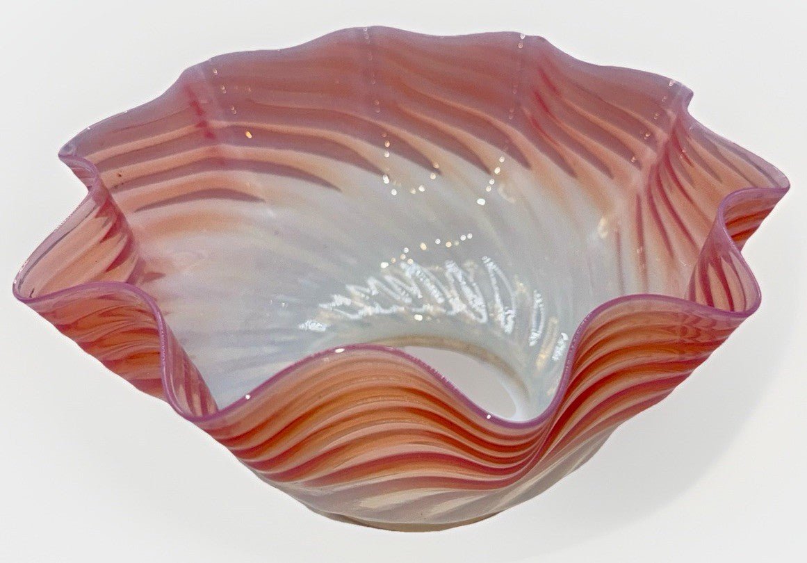 Opalescent Pink Diagonal Swirl Art Glass Lamp Shade Banquet Oil Kerosene 4" Rim - AntiquesEtceteraOpalescent Pink Diagonal Swirl Art Glass Lamp Shade Banquet Oil Kerosene 4" RimUnbrandedAntiquesEtcetera