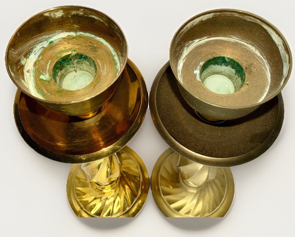 Pair 13" Brass Candlesticks Spiral Swirl Stem & Base w/ Hurricane Shade Fitter - AntiquesEtceteraPair 13" Brass Candlesticks Spiral Swirl Stem & Base w/ Hurricane Shade FitterUnbrandedAntiquesEtcetera