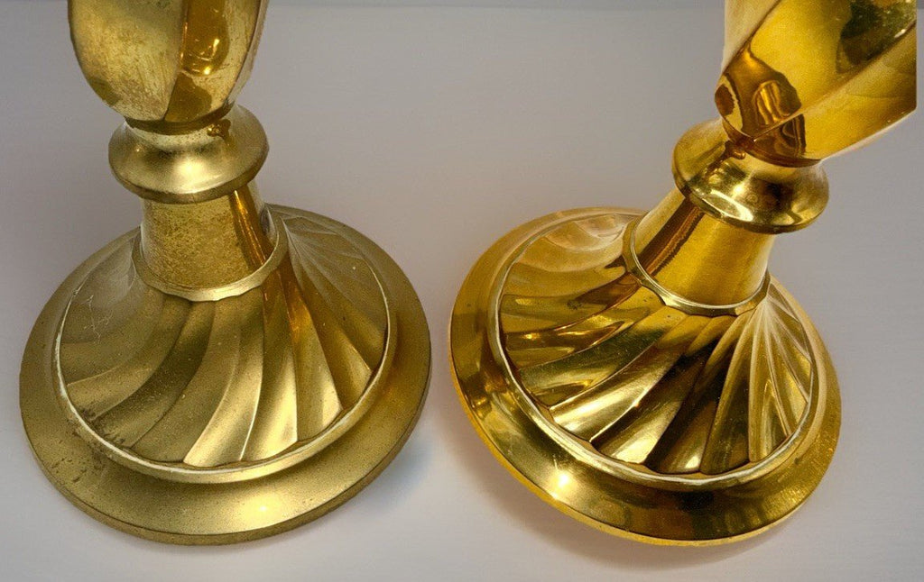 Pair 13" Brass Candlesticks Spiral Swirl Stem & Base w/ Hurricane Shade Fitter - AntiquesEtceteraPair 13" Brass Candlesticks Spiral Swirl Stem & Base w/ Hurricane Shade FitterUnbrandedAntiquesEtcetera