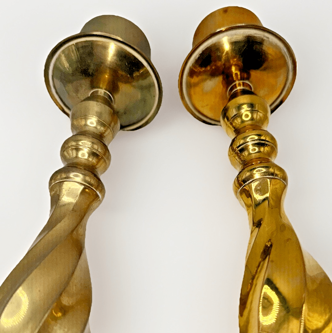 Pair 13" Brass Candlesticks Spiral Swirl Stem & Base w/ Hurricane Shade Fitter - AntiquesEtceteraPair 13" Brass Candlesticks Spiral Swirl Stem & Base w/ Hurricane Shade FitterUnbrandedAntiquesEtcetera