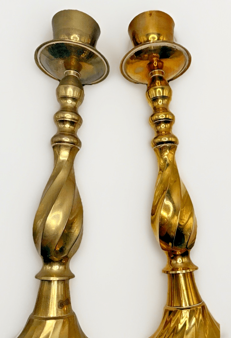 Pair 13" Brass Candlesticks Spiral Swirl Stem & Base w/ Hurricane Shade Fitter - AntiquesEtceteraPair 13" Brass Candlesticks Spiral Swirl Stem & Base w/ Hurricane Shade FitterUnbrandedAntiquesEtcetera
