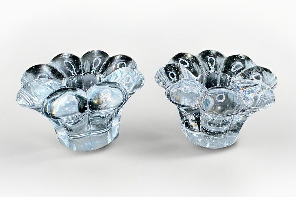 Pair Candle Holder Cups Thick Solid Glass 8 Petal Flower Shape - AntiquesEtceteraPair Candle Holder Cups Thick Solid Glass 8 Petal Flower ShapeUnmarkedAntiquesEtcetera