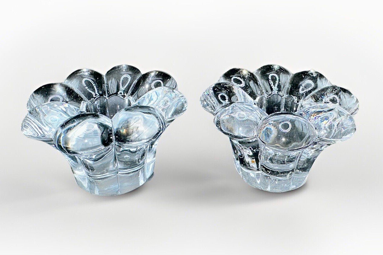 Pair Candle Holder Cups Thick Solid Glass 8 Petal Flower Shape - AntiquesEtceteraPair Candle Holder Cups Thick Solid Glass 8 Petal Flower ShapeUnmarkedAntiquesEtcetera