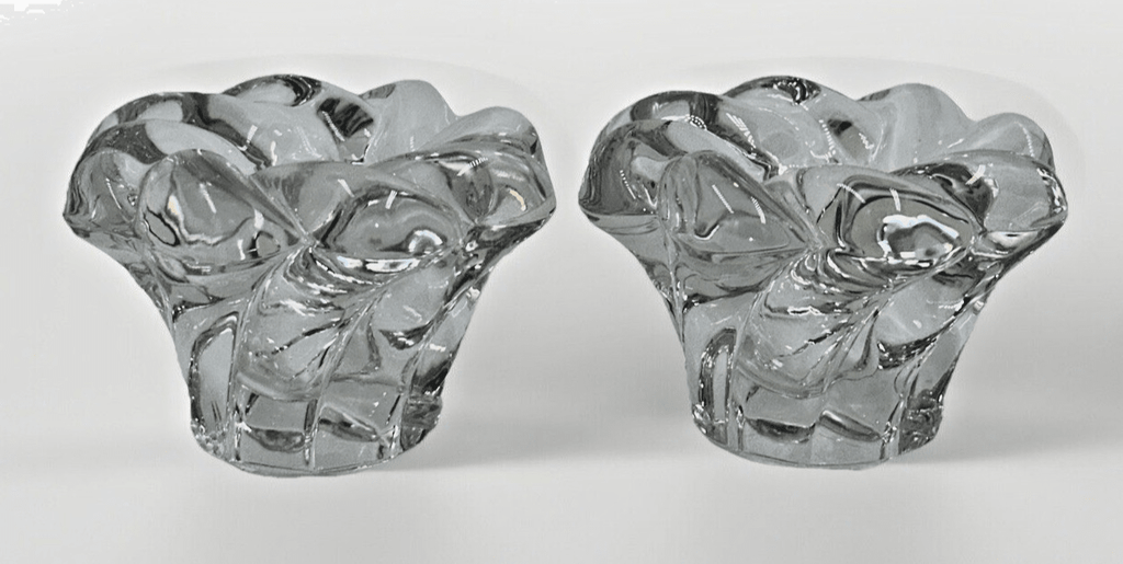 Pair Candle Holder Cups Thick Solid Glass Pinwheel Flower Shape - AntiquesEtceteraPair Candle Holder Cups Thick Solid Glass Pinwheel Flower ShapeUnmarkedAntiquesEtcetera