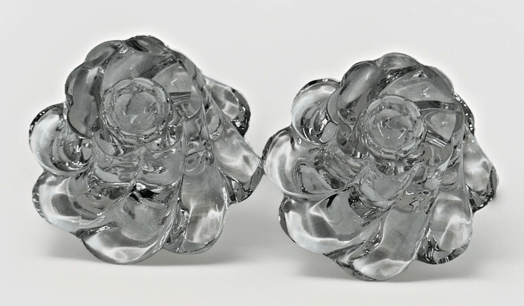 Pair Candle Holder Cups Thick Solid Glass Pinwheel Flower Shape - AntiquesEtceteraPair Candle Holder Cups Thick Solid Glass Pinwheel Flower ShapeUnmarkedAntiquesEtcetera