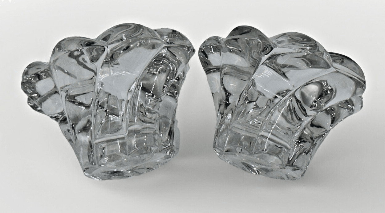 Pair Candle Holder Cups Thick Solid Glass Pinwheel Flower Shape - AntiquesEtceteraPair Candle Holder Cups Thick Solid Glass Pinwheel Flower ShapeUnmarkedAntiquesEtcetera