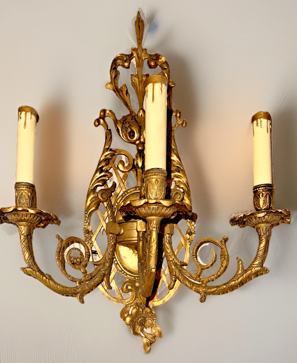 Pair Louis XV 3 - Arm Wall Sconces Cast Brass French Provincial 20" x 16" Working - AntiquesEtceteraPair Louis XV 3 - Arm Wall Sconces Cast Brass French Provincial 20" x 16" WorkingAntiquesEtceteraAntiquesEtcetera