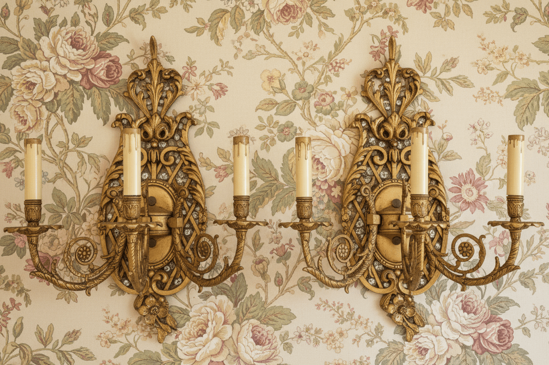 Pair Louis XV 3 - Arm Wall Sconces Cast Brass French Provincial 20" x 16" Working - AntiquesEtceteraPair Louis XV 3 - Arm Wall Sconces Cast Brass French Provincial 20" x 16" WorkingAntiquesEtceteraAntiquesEtcetera