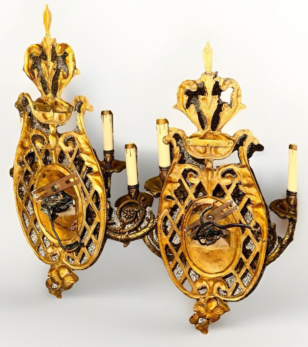 Pair Louis XV 3 - Arm Wall Sconces Cast Brass French Provincial 20" x 16" Working - AntiquesEtceteraPair Louis XV 3 - Arm Wall Sconces Cast Brass French Provincial 20" x 16" WorkingAntiquesEtceteraAntiquesEtcetera