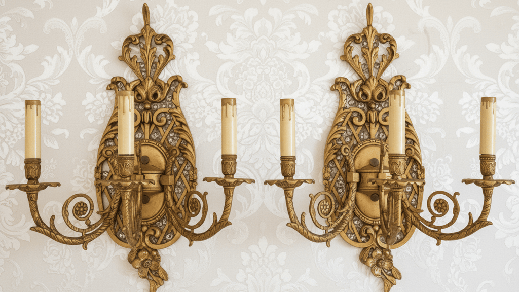 Pair Louis XV 3-Arm Wall Sconces Cast Brass French Provincial 20" x 16" WorkingAntiquesEtcetera