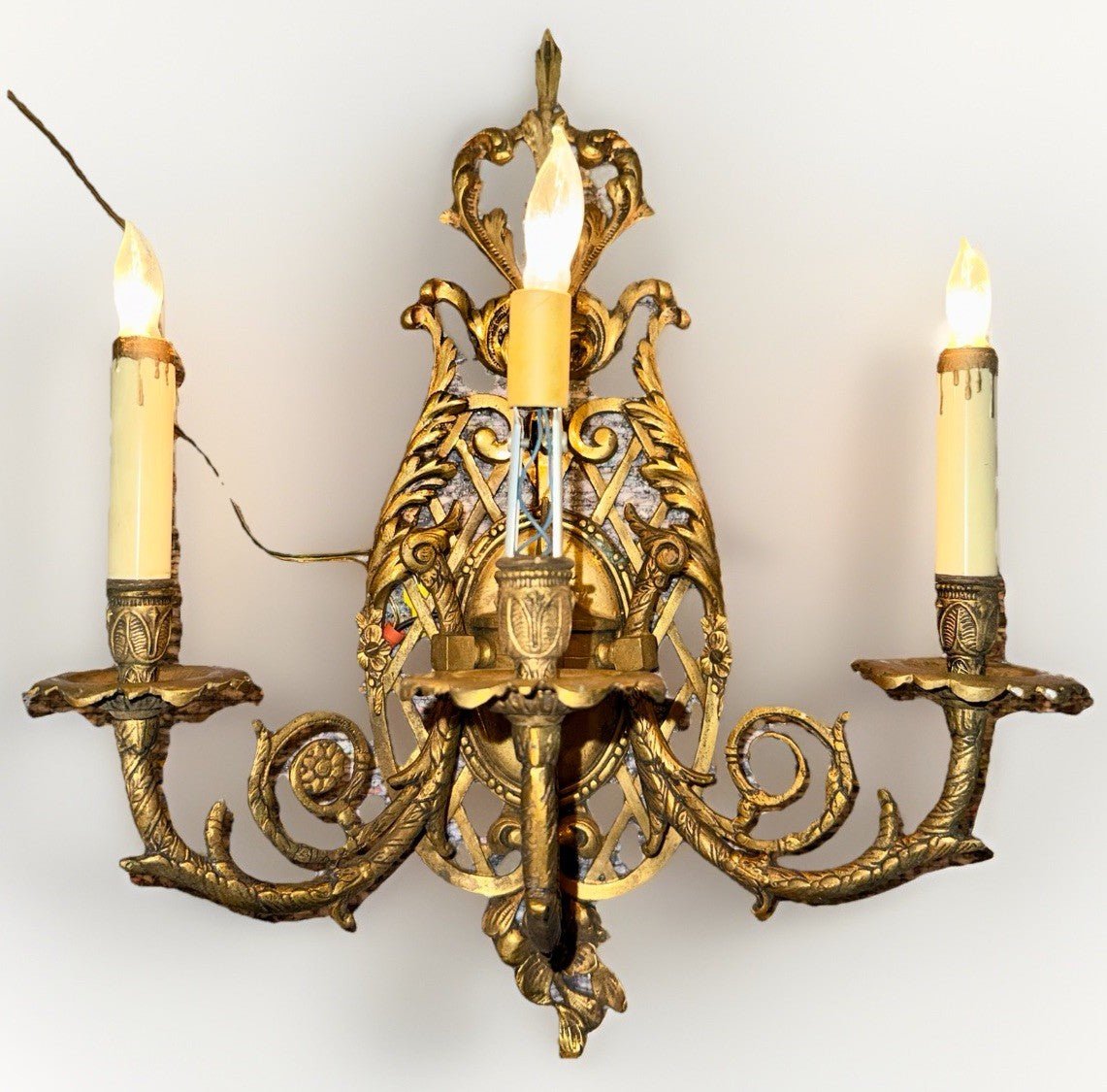 Pair Louis XV 3 - Arm Wall Sconces Cast Brass French Provincial 20" x 16" Working - AntiquesEtceteraPair Louis XV 3 - Arm Wall Sconces Cast Brass French Provincial 20" x 16" WorkingAntiquesEtceteraAntiquesEtcetera