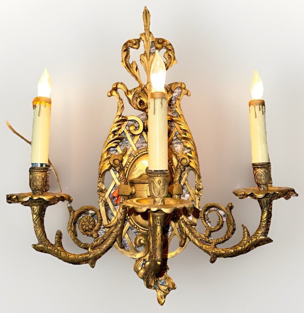 Pair Louis XV 3 - Arm Wall Sconces Cast Brass French Provincial 20" x 16" Working - AntiquesEtceteraPair Louis XV 3 - Arm Wall Sconces Cast Brass French Provincial 20" x 16" WorkingAntiquesEtceteraAntiquesEtcetera
