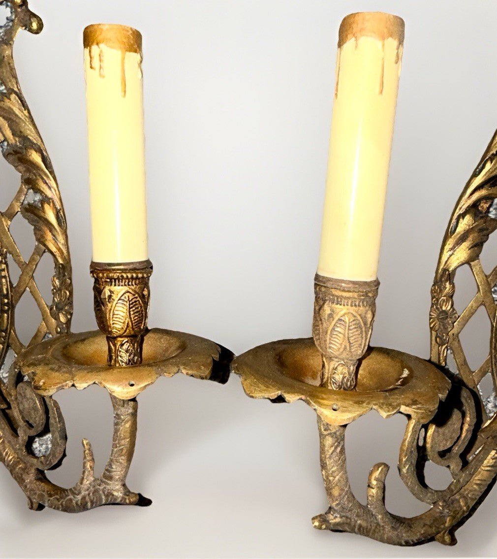 Pair Louis XV 3 - Arm Wall Sconces Cast Brass French Provincial 20" x 16" Working - AntiquesEtceteraPair Louis XV 3 - Arm Wall Sconces Cast Brass French Provincial 20" x 16" WorkingAntiquesEtceteraAntiquesEtcetera