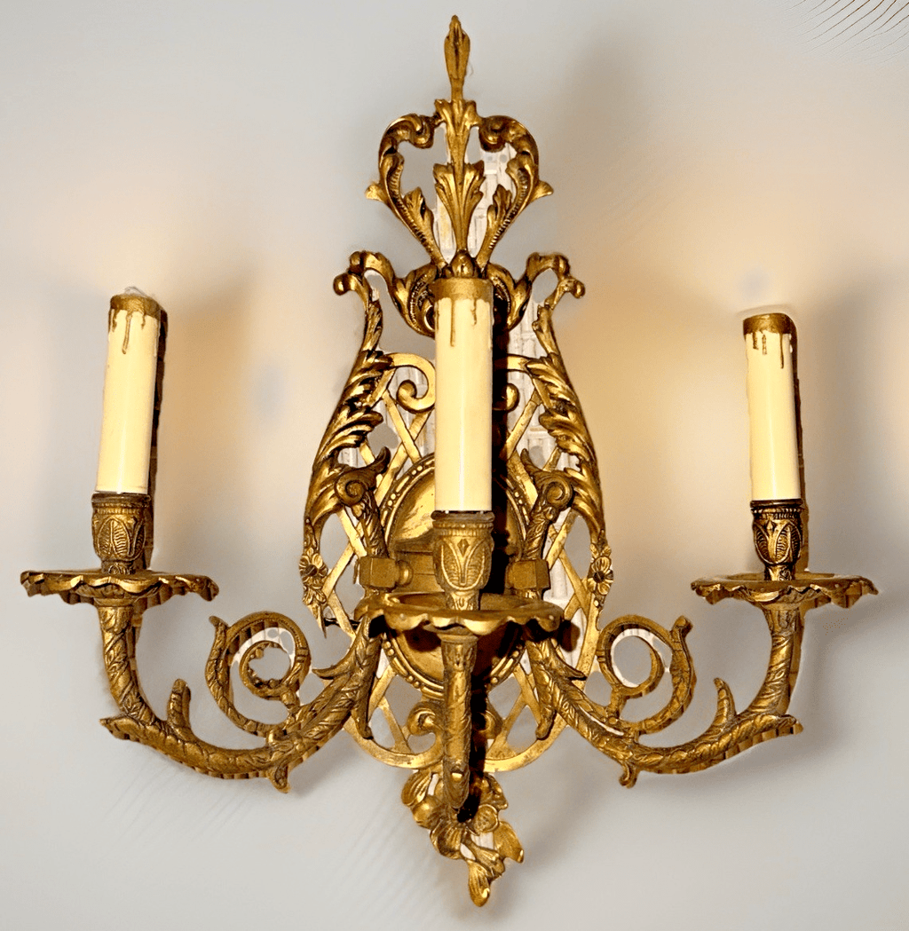 Pair Louis XV 3 - Arm Wall Sconces Cast Brass French Provincial 20" x 16" Working - AntiquesEtceteraPair Louis XV 3 - Arm Wall Sconces Cast Brass French Provincial 20" x 16" WorkingAntiquesEtceteraAntiquesEtcetera