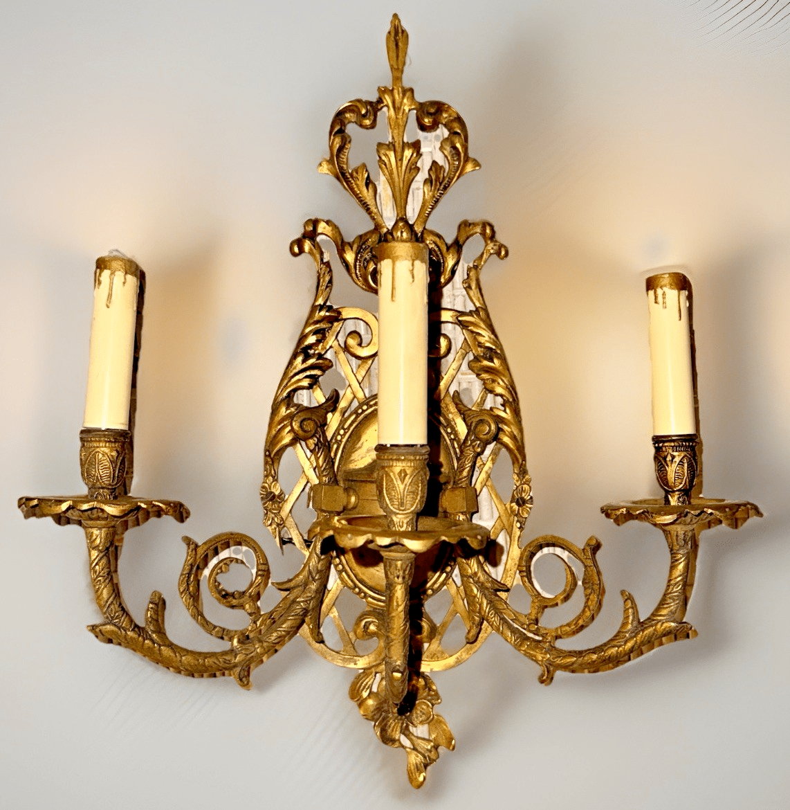 Pair Louis XV 3 - Arm Wall Sconces Cast Brass French Provincial 20" x 16" Working - AntiquesEtceteraPair Louis XV 3 - Arm Wall Sconces Cast Brass French Provincial 20" x 16" WorkingAntiquesEtceteraAntiquesEtcetera