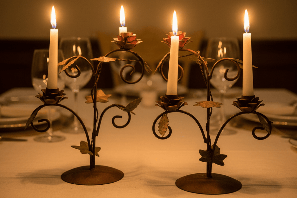 Pair of Wrought Iron Candelabras Each with 2 Rose Petaled Holders, Green LeavesAntiquesEtcetera