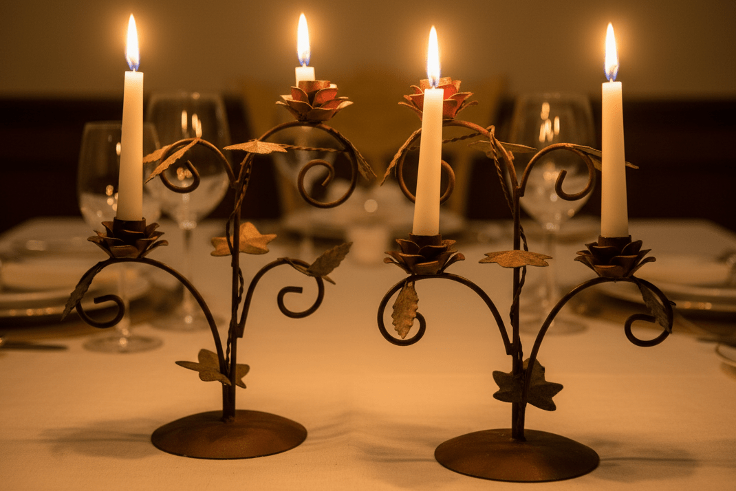 Pair of Wrought Iron Candelabras Each with 2 Rose Petaled Holders, Green LeavesAntiquesEtcetera