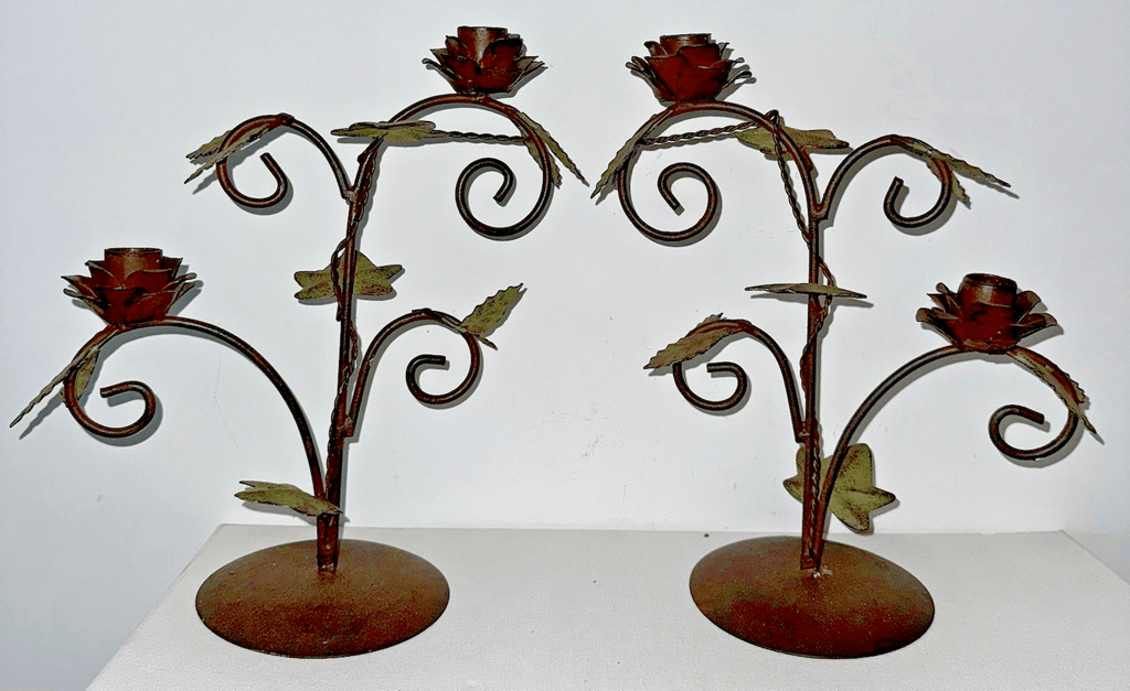 Pair of Wrought Iron Candelabras Each with 2 Rose Petaled Holders, Green Leaves - AntiquesEtceteraPair of Wrought Iron Candelabras Each with 2 Rose Petaled Holders, Green LeavesUnbrandedAntiquesEtcetera
