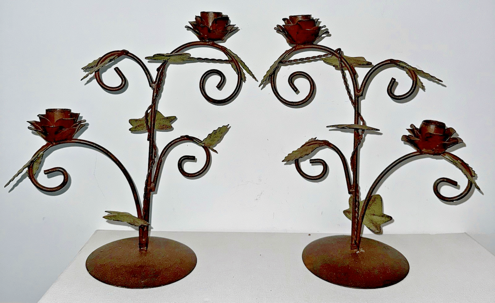 Pair of Wrought Iron Candelabras Each with 2 Rose Petaled Holders, Green Leaves - AntiquesEtceteraPair of Wrought Iron Candelabras Each with 2 Rose Petaled Holders, Green LeavesUnbrandedAntiquesEtcetera