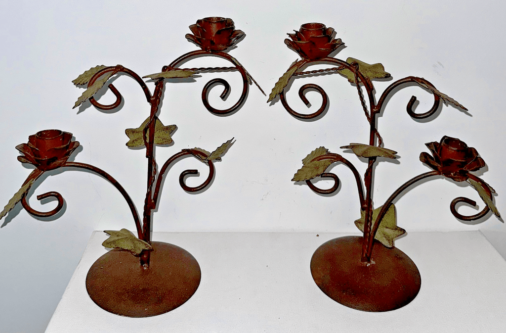 Pair of Wrought Iron Candelabras Each with 2 Rose Petaled Holders, Green Leaves - AntiquesEtceteraPair of Wrought Iron Candelabras Each with 2 Rose Petaled Holders, Green LeavesUnbrandedAntiquesEtcetera