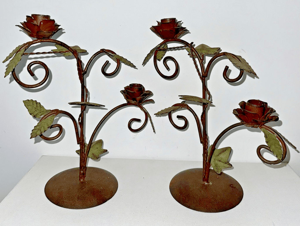 Pair of Wrought Iron Candelabras Each with 2 Rose Petaled Holders, Green Leaves - AntiquesEtceteraPair of Wrought Iron Candelabras Each with 2 Rose Petaled Holders, Green LeavesUnbrandedAntiquesEtcetera
